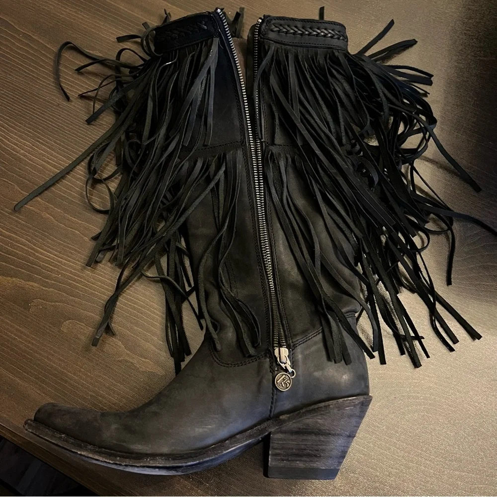 Liberty Black Fringed Black Western Knee-High Cowboy Boots - Women - Picture 7 of 9
